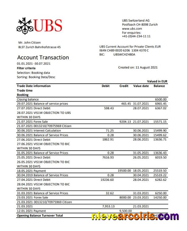 Switzerland UBS excel pdf